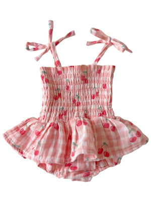 Gingham Cherries / Muslin Smocked Bubble w/ Skirt Gingham Cherries / Muslin Smocked Bubble w/ Skirt