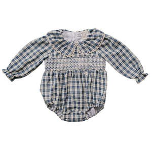 Blue Plaid Ruffle Collar Bubble Romper Blue Plaid Ruffle Collar Bubble Romper
