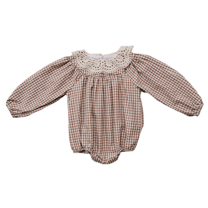 Camel Gingham Lace Bubble Romper Camel Gingham Lace Bubble Romper