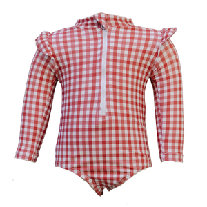 Gingham Long Sleeve Ruffle Zipper One-Piece Gingham Long Sleeve Ruffle Zipper One-Piece