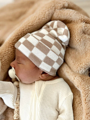 Baby's First Hat, Tan/Warm White Checkerboard Baby's First Hat, Tan/Warm White Checkerboard