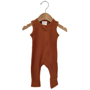 Organic Waffle Sleeveless Zip Romper, Caramel Organic Waffle Sleeveless Zip Romper, Caramel
