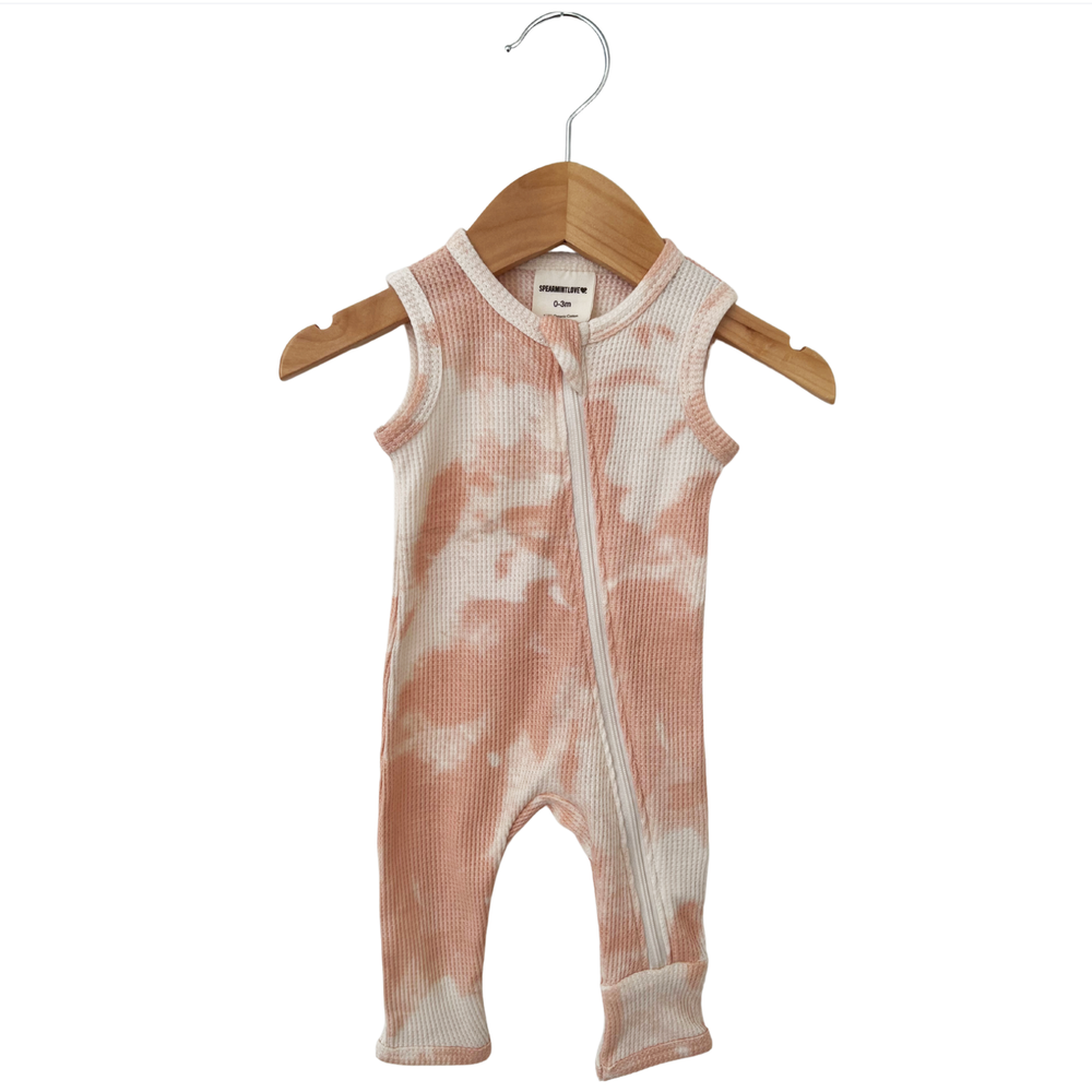 Organic Waffle Sleeveless Zip Romper, Pink Lemonade Tie Dye