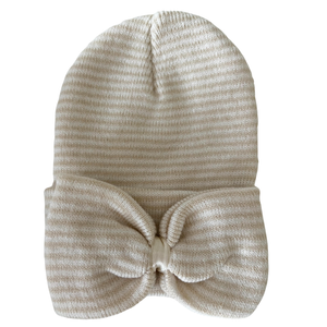 Baby's First Hat, Sand/White Stripe Bow Baby's First Hat, Sand/White Stripe Bow