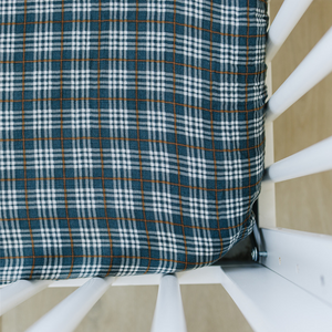 Navy Plaid Muslin Crib Sheet Navy Plaid Muslin Crib Sheet