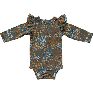 Navy Floral Ruffle Sleeve Bamboo Bodysuit Navy Floral Ruffle Sleeve Bamboo Bodysuit