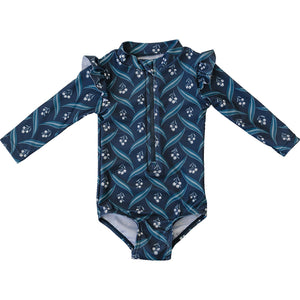 Navy Berry Long Sleeve Ruffle Zipper One-Piece Navy Berry Long Sleeve Ruffle Zipper One-Piece
