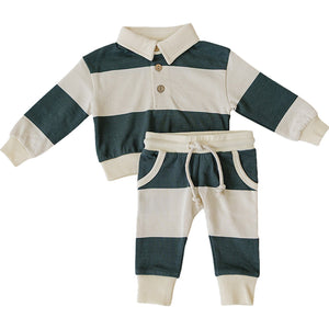 Green Stripe Collared French Terry Set Green Stripe Collared French Terry Set