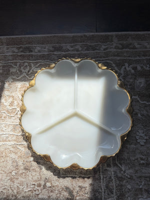 Vintage Milk Glass 3-Section Serving Dish with Gold Trim