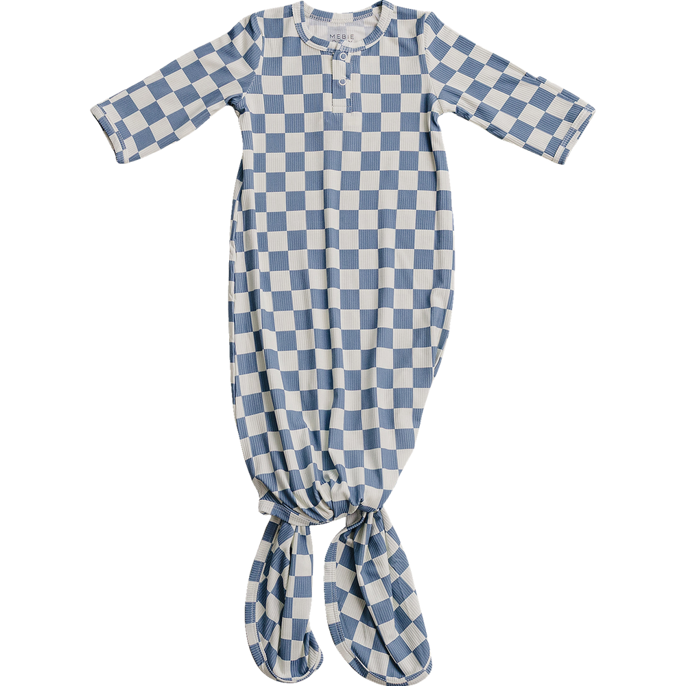 Blue Checkered Ribbed Bamboo Knot Gown