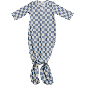 Blue Checkered Ribbed Bamboo Knot Gown