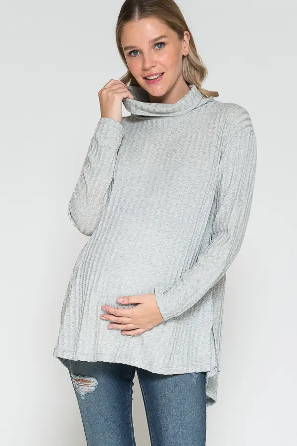 Gray Turtle Neck Ribbed Maternity Top